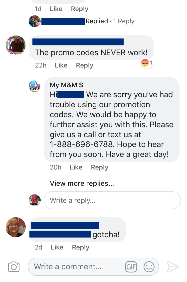 my m&ms customer service example